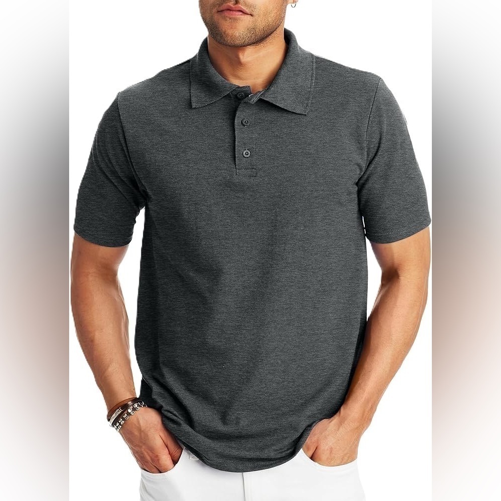 NEW Hanes Charcoal Heather Gray Polo Shirt Classic Design